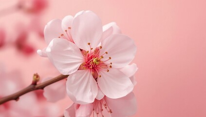 Fototapeta premium Blooming Blossom: A delicate, single pink cherry blossom unfurls its petals against a soft, pastel backdrop, showcasing the serene beauty of spring.