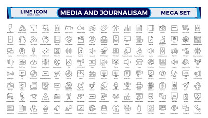 Journalism and mass media outline icon set in vector style, featuring microphone, reporter, press conference, newspaper, social media, public communication. Editable stroke outline icon.
