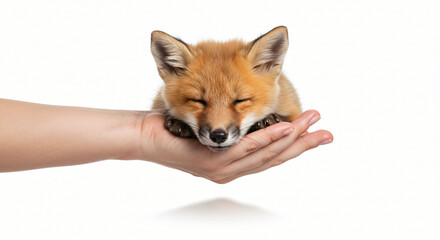 Fototapeta premium Baby Fox Held in Hands – Gentle Wildlife Moment Captured on White Background