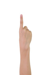 Hand index finger pointing to something isolated on white studio background. Finger hand girl with clipping path.