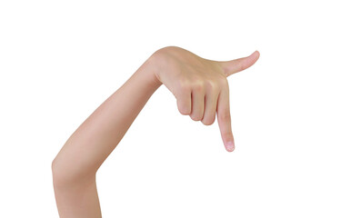 Finger aim hand pointing gun down isolated on white background. Finger hand symbols concept.