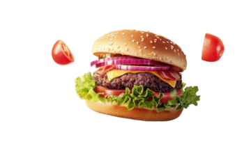 Delicious burger, sliced tomatoes float around