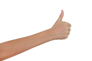 Hand showing thumb up fingers sign isolated on white studio background. Finger hand girl with...