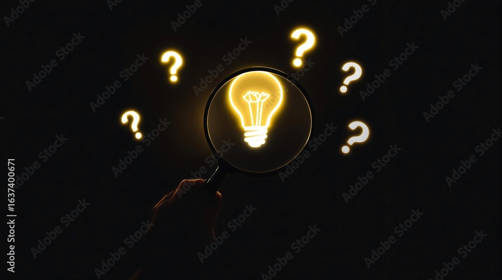 Poster finding solutions: magnifying glass focusing on light bulb amidst question marks concept