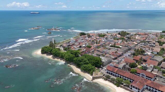 4K drone footage showcasing Galle Fort and the beautiful Sri Lankan coastline showcasing the historic streets, the iconic lighthouse, and sweeping ocean views from above.