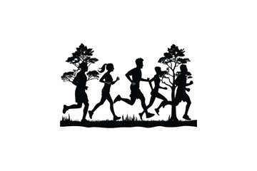 stylish elegant modern detailed professional high quality Five runners in silhouette style running through a serene forest landscape with trees and grass on a sunny day