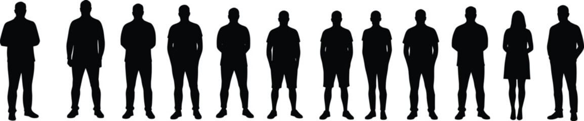 Silhouette of diverse people standing in a row, men and women, casual fashion, teamwork, vector crowd illustration, human figures design