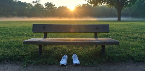 Empty bench and shoes at a park on a foggy morning