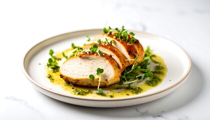 Perfectly cooked and sliced chicken breast, served with a delicate herb sauce and a minimalist presentation