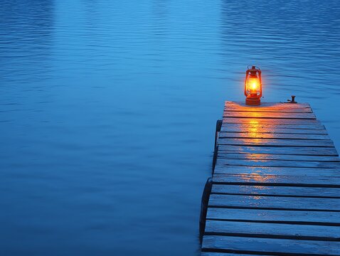 Lantern on a Wooden Dock at Night