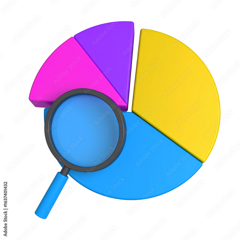 Poster Colorful pie chart with magnifying glass overlay, showing analysis and data visualization