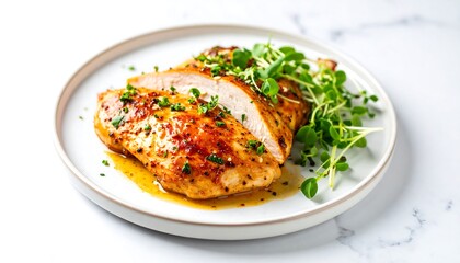 Juicy, golden-brown chicken breast, sliced and artfully arranged with fresh greens and a glistening sauce