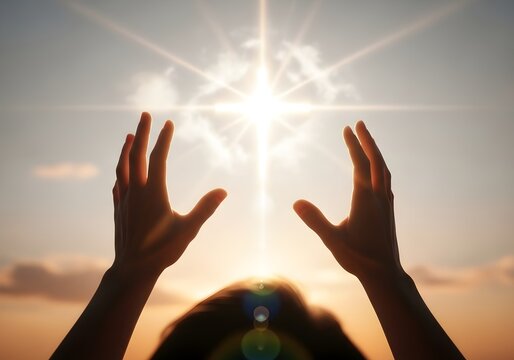 Uplifting Hands Reaching for Heavenly Light, Spirituality, Hope, Faith, Religion, Divine Connection, Silhouette, Contemplation, Sunset, Inspiration