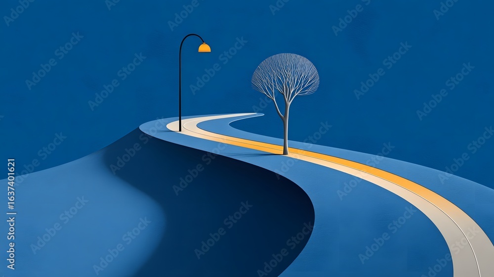 Poster winding path with a lamppost and bare tree on a hillside.