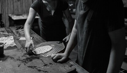 High resolution close up image of the preparation of fresh delicious Focaccia Bread- Israek
