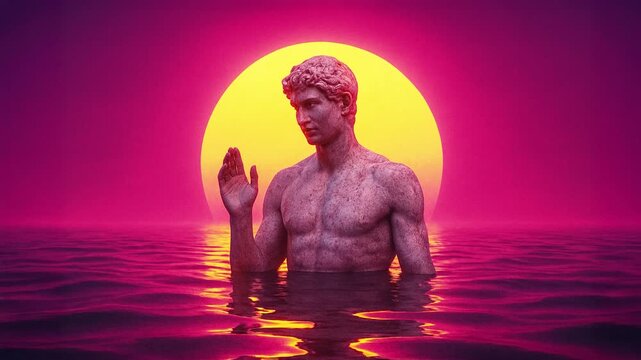 Statue man raising hand in ocean at pink sunset abstract visualizer