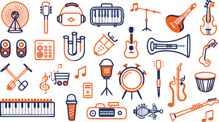 Obraz premium Musical Instruments and Audio Equipment Icons with Guitars Keyboards and Drums