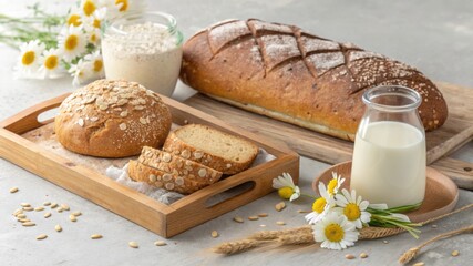 Artisan bread and oat milk with fresh daisies
