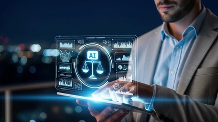 Man in a suit interacts with a futuristic digital interface showing legal scales Dark cityscape backdrop blends technology with legal concepts - Powered by Adobe