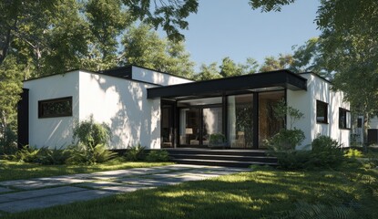 Modern white house, woodland setting, sunny day, architectural rendering, real estate