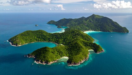 Obraz premium Lush tropical island, surrounded by vibrant turquoise waters, viewed from above