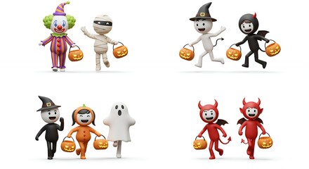 Obraz premium Cartoon halloween characters carrying pumpkins