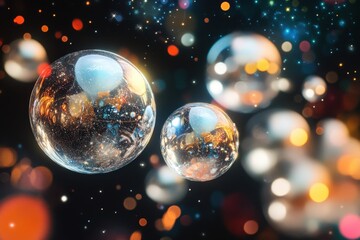 Colorful orbs suspended in a dark space.