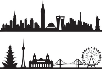 Obraz premium City Skyline & Landmark Icons Silhouettes on White Background