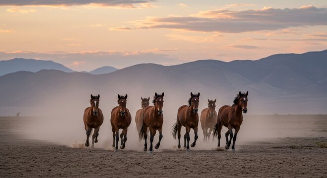 Galloping Horses in Arid Plains with Dust Clouds and Pastel Sunset Sky