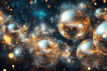 Golden and silvery orbs suspended in a starry nebula.