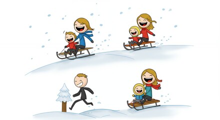 Fototapeta premium Family sledding fun cartoon illustration