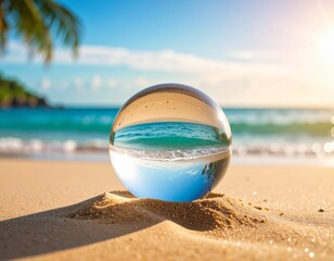 Crystal Globe Seaside Perspective: Captured within a crystal sphere, a breathtaking beach vista unfolds, presenting a unique perspective of the ocean meeting the sandy shore under a brilliant sun. 