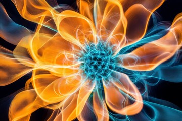 Abstract design with radiating, swirling lines of orange and teal.