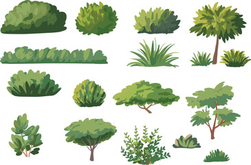 Fototapeta premium PrinCollection of green bushes, shrubs, and small trees illustration, natural foliage, landscaping plants, tropical garden elements, eco-friendly nature design sett