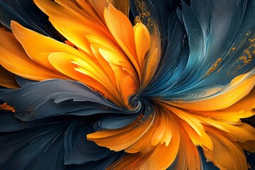 Abstract swirling design with vibrant orange and dark blue colors.