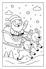 Cheerful Santa Claus Riding Sleigh Pulled by Cute Reindeer in a Snowy Christmas Scene Coloring Page for Children