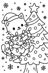Cute Cat Wearing Santa Hat Tangled in Christmas Tree Lights - Funny Winter Holiday Coloring Page for Kids