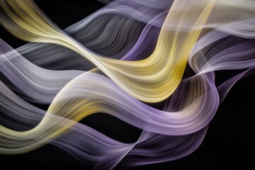 Abstract design of flowing, layered lines in shades of gold, gray and purple.