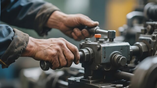 Mechanic Adjusting Industrial Machinery with Hand Tools