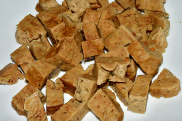 Seitan, fresh cooked vegetarian food of wheat gluten, cut