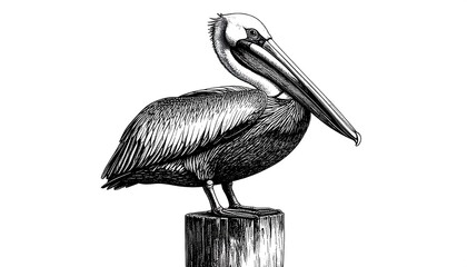 Monochrome illustration of a pelican perched on a wooden post