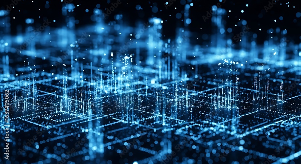 Poster 3d icon of abstract futuristic digital cityscape with glowing blue lights and data streams, represen