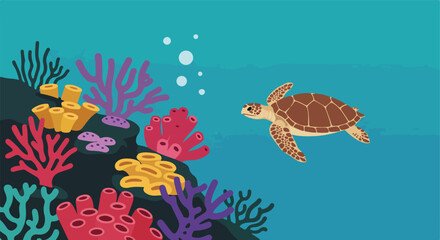 Obraz premium Cartoon turtle swims near vibrant coral reef with bubble accents in the blue sea