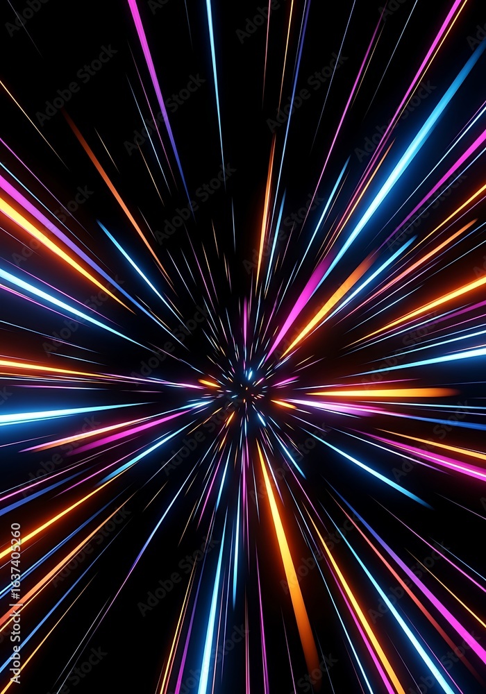 Poster 3d icon of abstract colorful light trails exploding from a central point in a dark space, representi