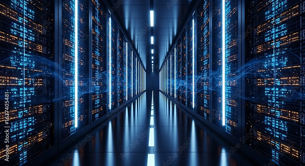 Fototapete 3d icon of futuristic server room with glowing blue lights and data streams, representing advanced t