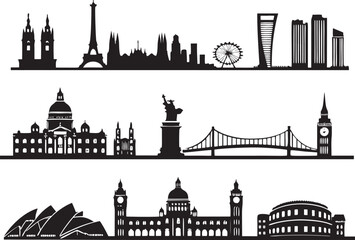 Obraz premium City Skyline & Landmark Icons Silhouettes on White Background