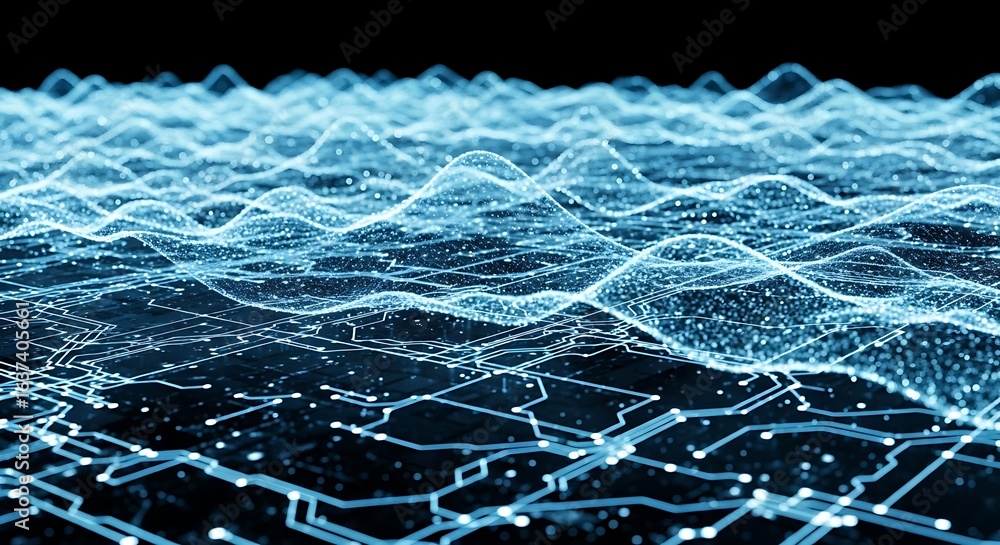 Fototapete 3d icon of abstract glowing blue digital network grid with connections and particles, representing d