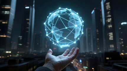 Hand Holding a Holographic Globe in a City at Night