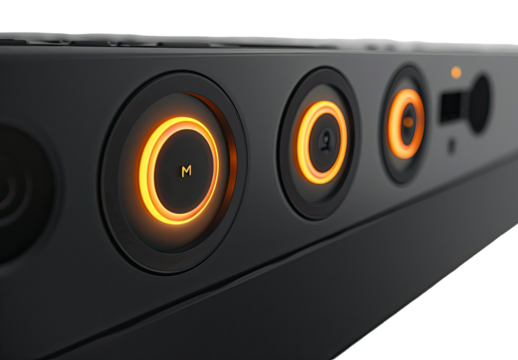 Close-up of three illuminated control buttons.  Dark gray or black panel with orange