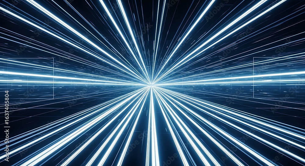Poster 3d icon of abstract blue light streaks converging at a central point, creating a sense of speed and 